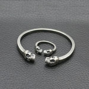 Sterling Silver 925 Bracelet And Ring Double Skulls Face to Face 2