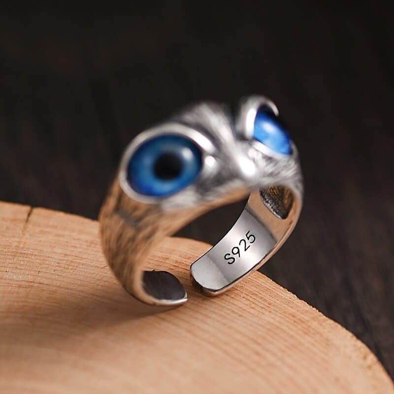 925 Sterling Silver Ring Resizable Owl Face profile view