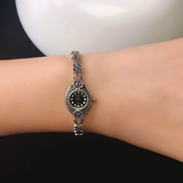 925 Sterling Silver Watch Ladies Fine Bracelet With Flowers on wrist
