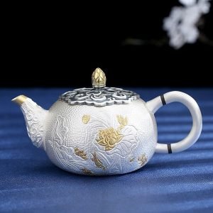 Chinese Silver Teapot With Rose and Lotus detail teapot