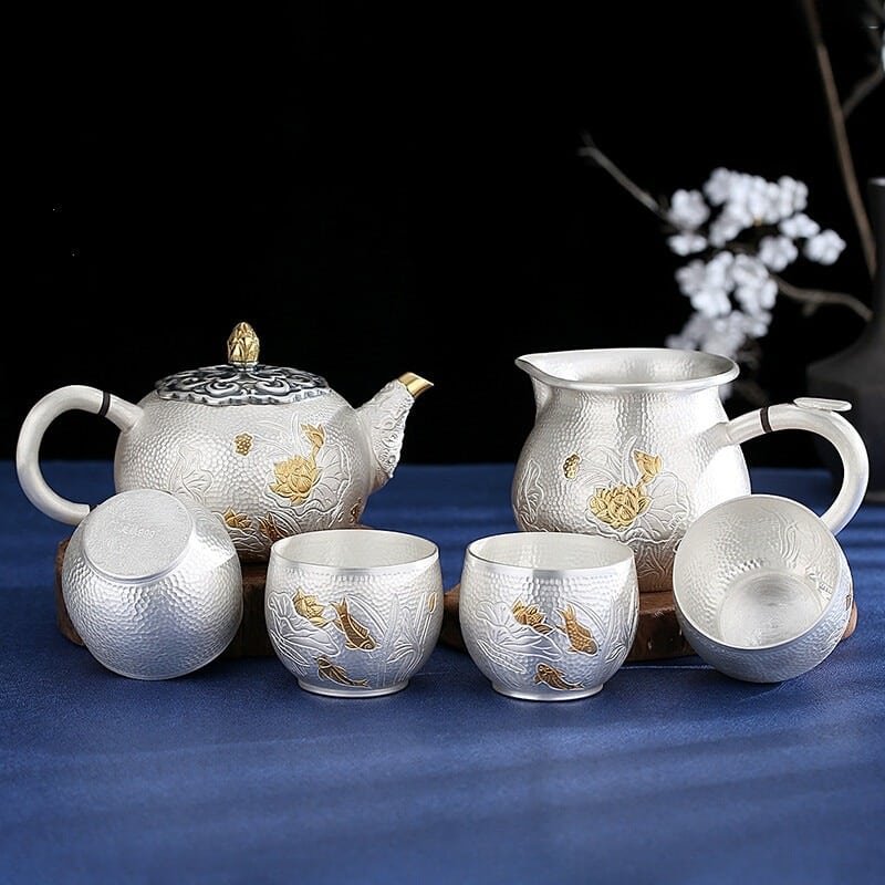 Chinese Silver Teapot With Rose and Lotus full set