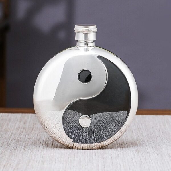 Sterling Silver Whiskey Flask Yin and Yang face view