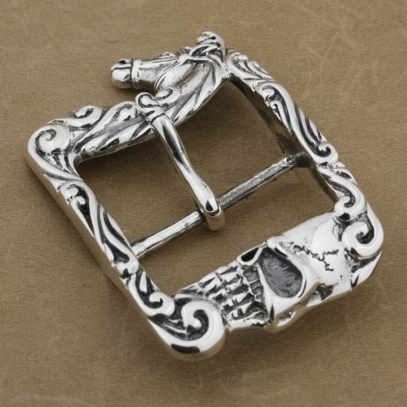 925 Sterling Silver Belt Buckle Horse and Skull skull details