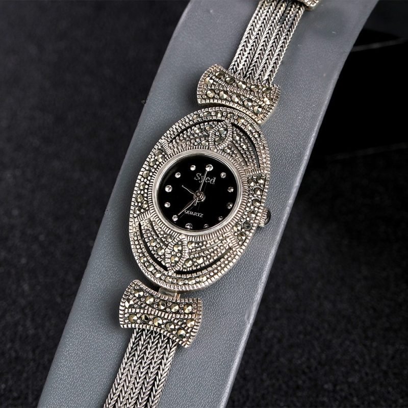 925 Sterling Silver Ladies Watch Retro Oval Clock up view