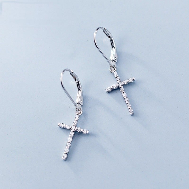 925 Sterling Silver Earrings Cross and Zircon face view