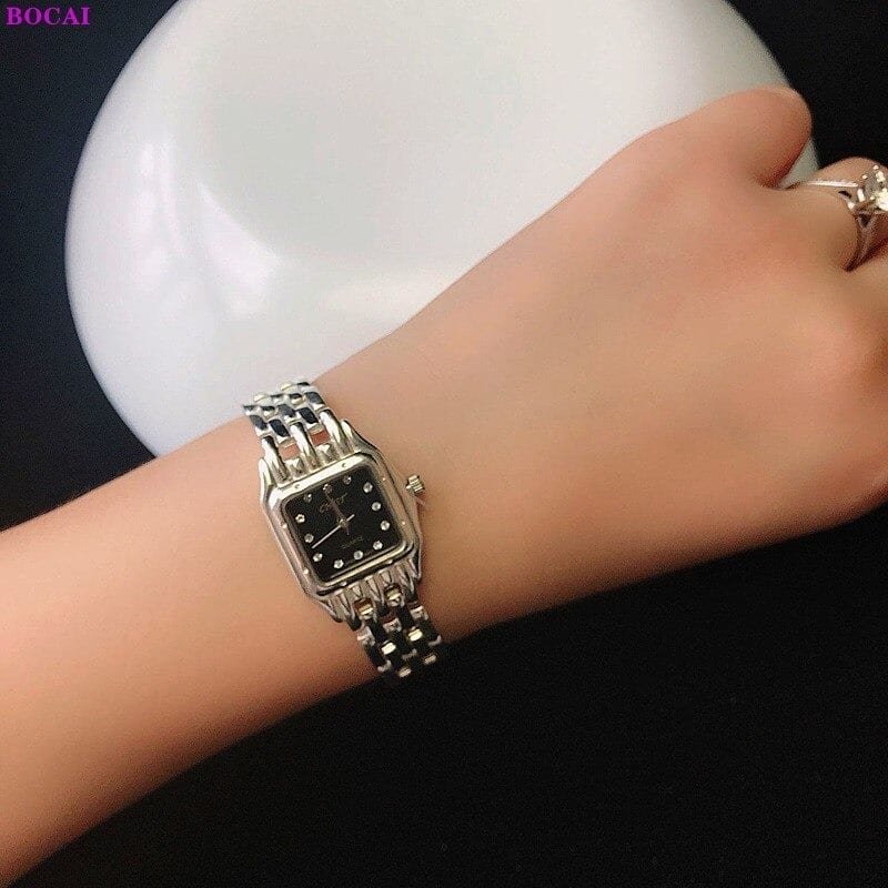 Sterling Silver Trench Watch black on wrist