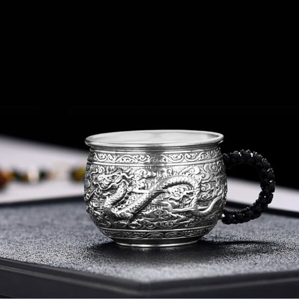 Dragon and Phoenix Tea Cup Silver face view