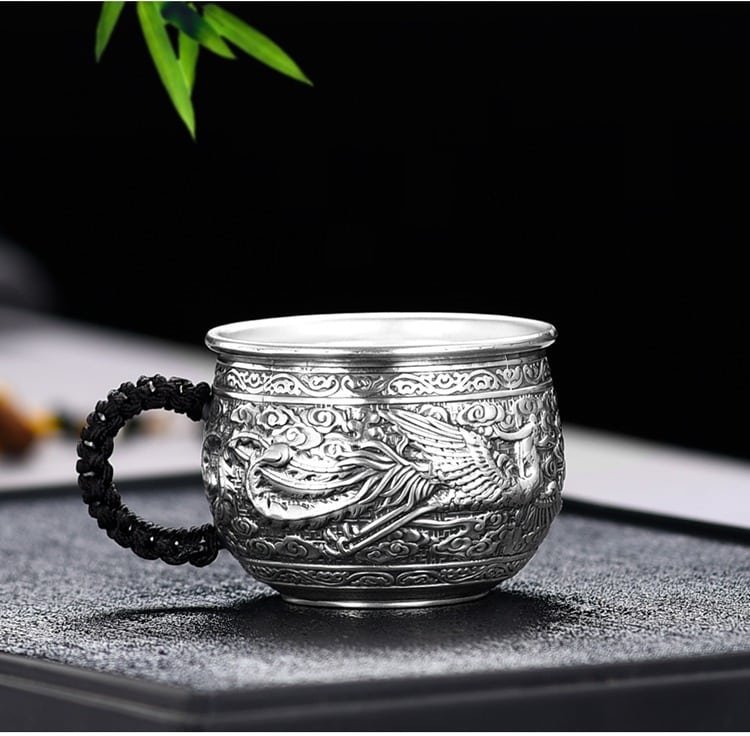 Dragon and Phoenix Tea Cup Silver left profile