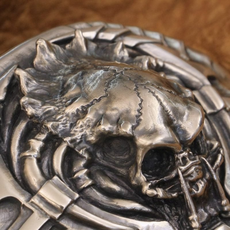 Sterling Silver Predator Skull Belt Buckle details skull