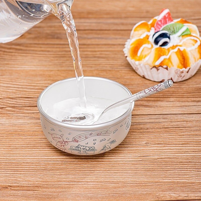 Pure Silver Bowl And Spoon For Baby up view with water