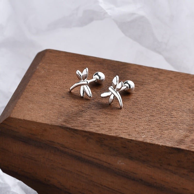 Silver Dragonfly Stud Earrings face view