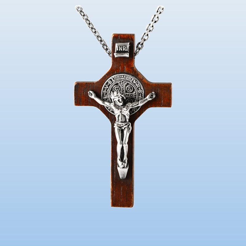 Silver And Wood Cross Pendant face view
