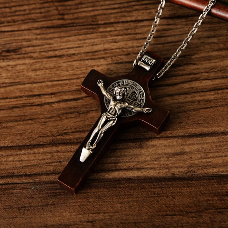 Silver And Wood Cross Pendant up view