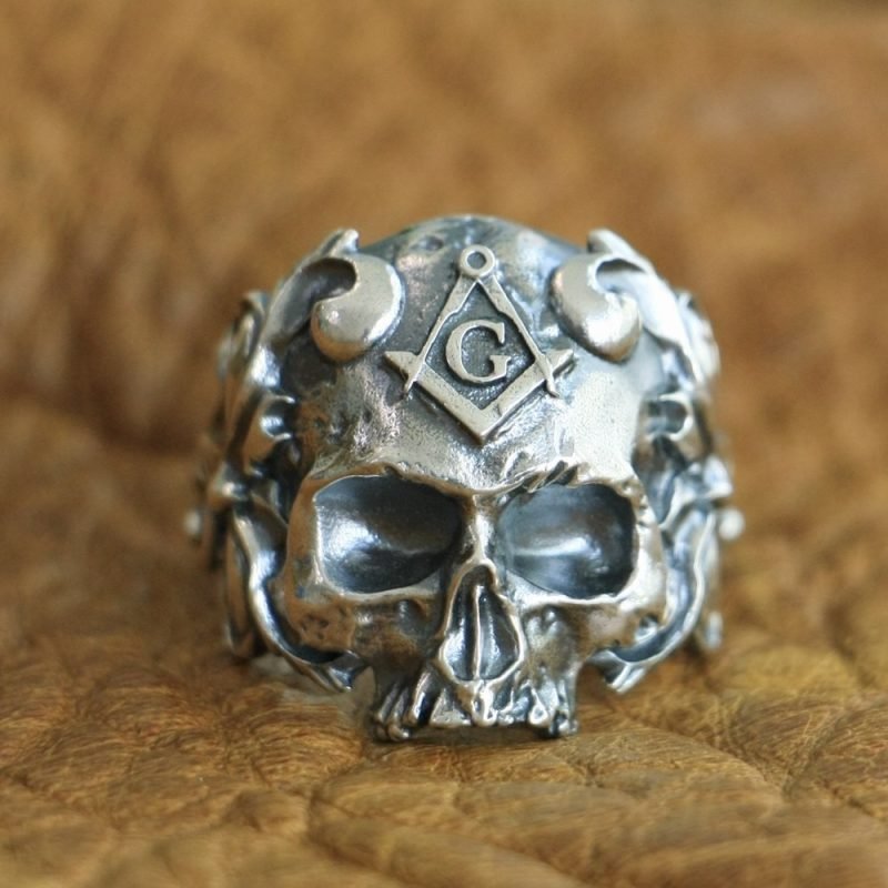 Silver Masonic Skull Rings face view