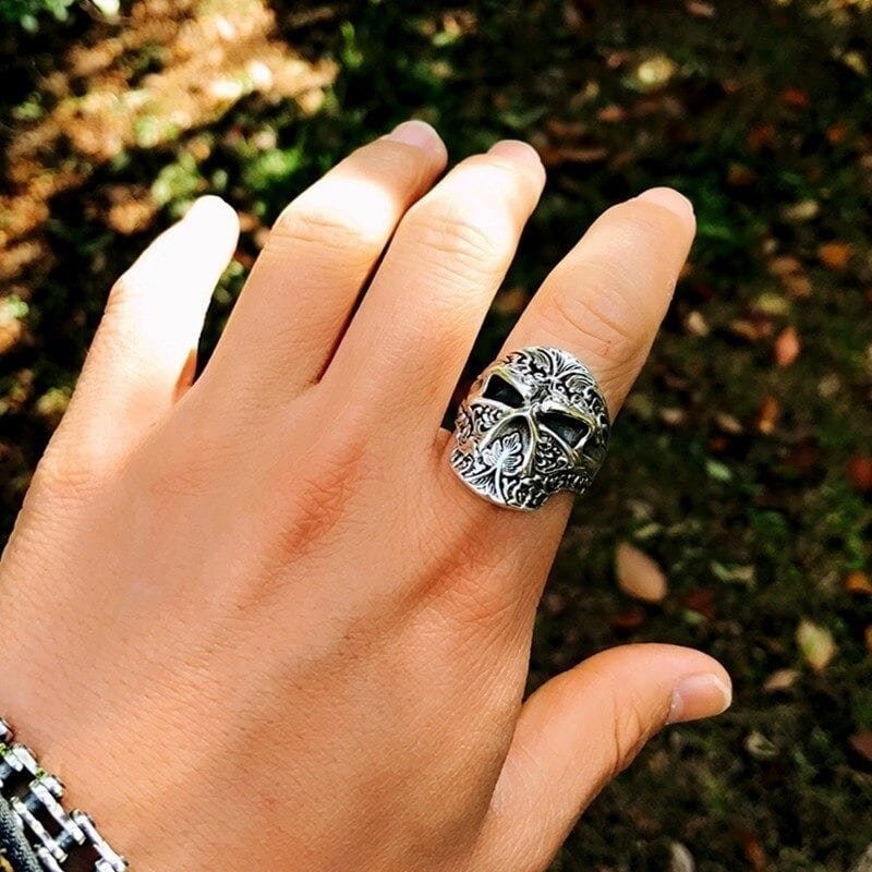 Gothic Skull Silver Ring on finger