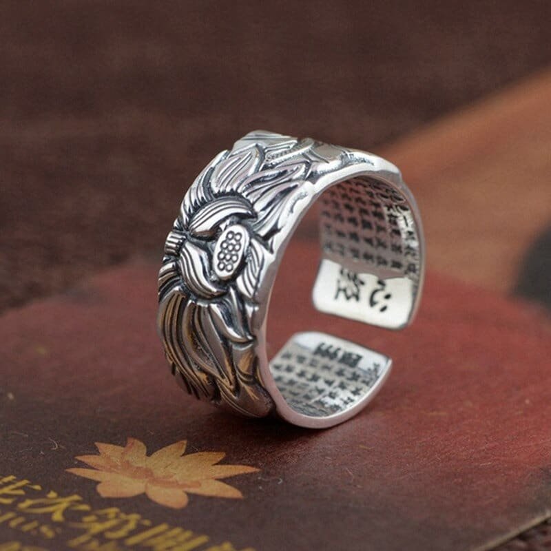 Heart Sutra Silver Lotus Ring C