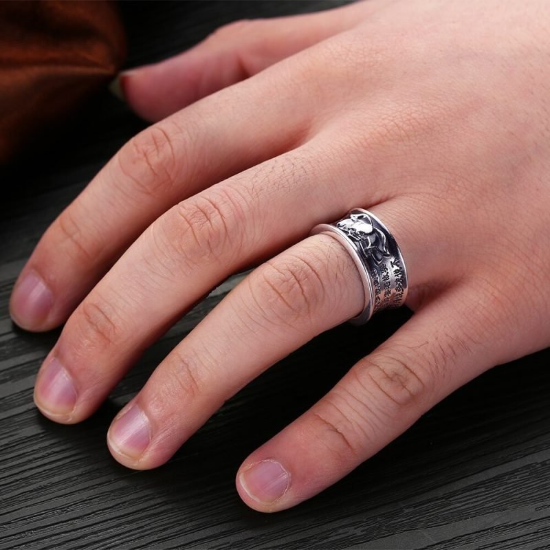 Heart Sutra Silver Lotus Ring on finger