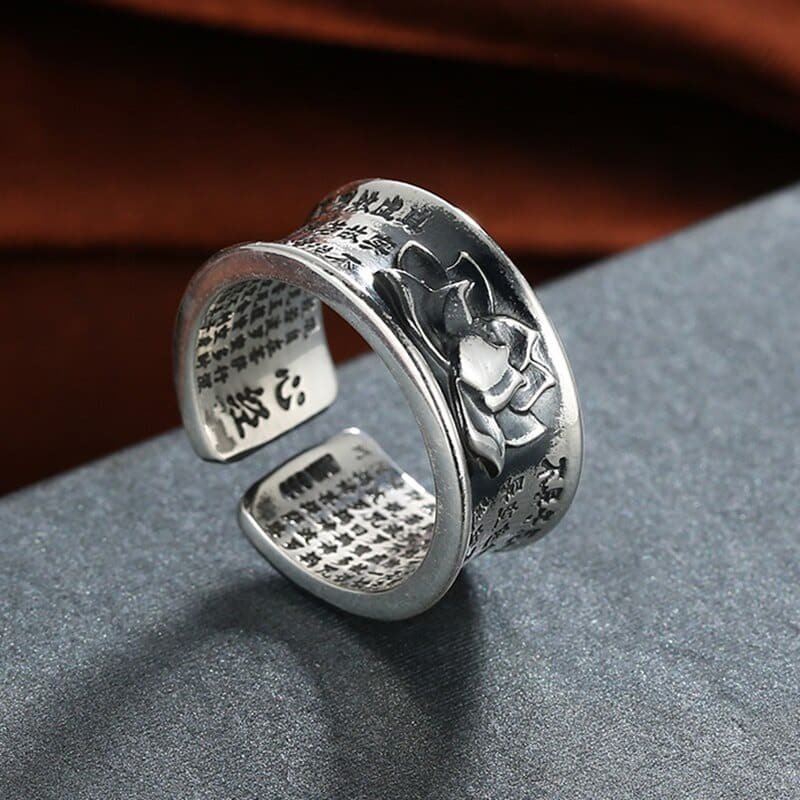 Heart Sutra Silver Lotus Ring stamp details