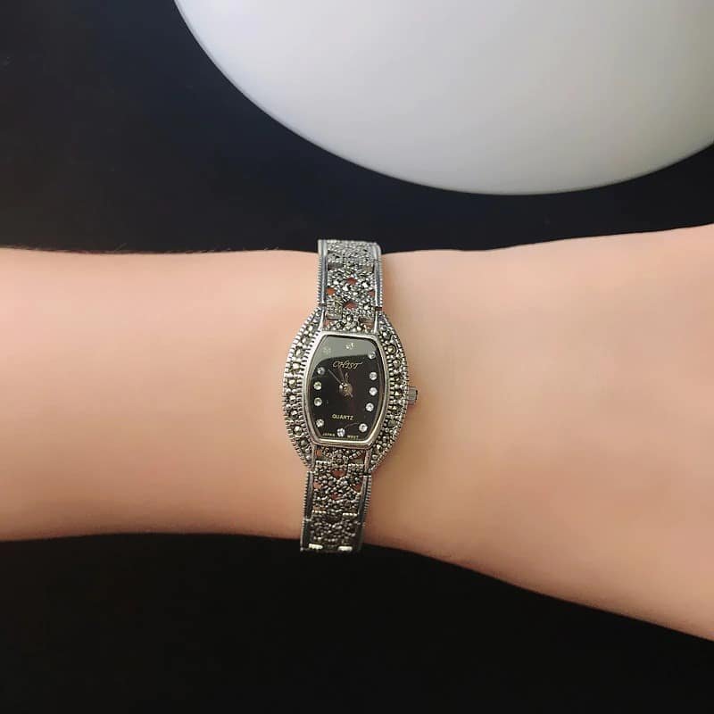 Pure Silver Watches For Ladies black on wrist