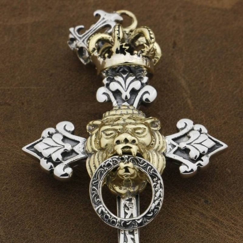 Royal Lion Cross 925 Sterling Silver Mens Pendant details lion