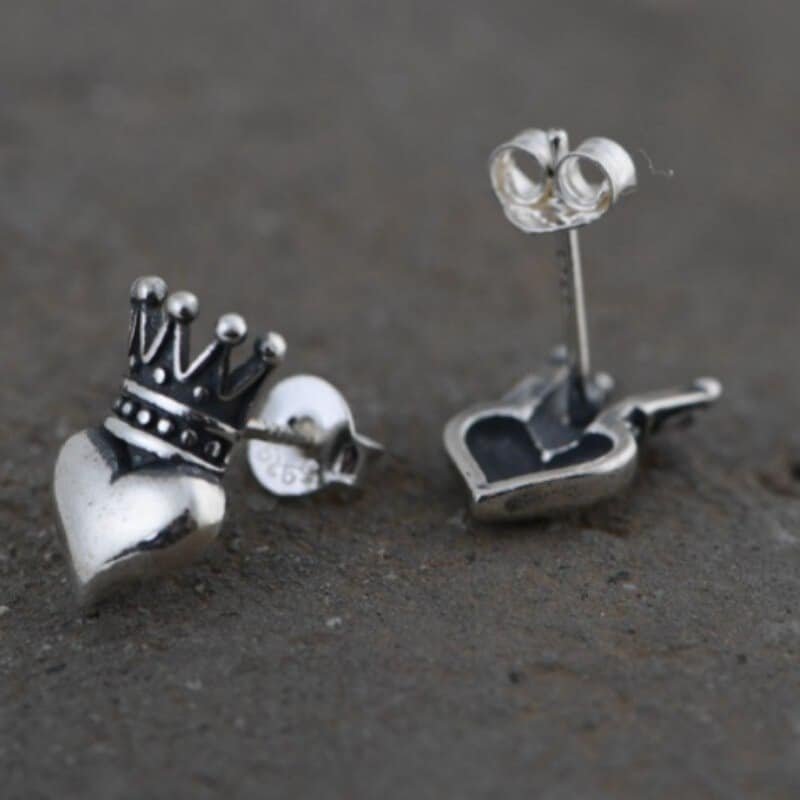 Silver Heart And Crown Pendant ear stud