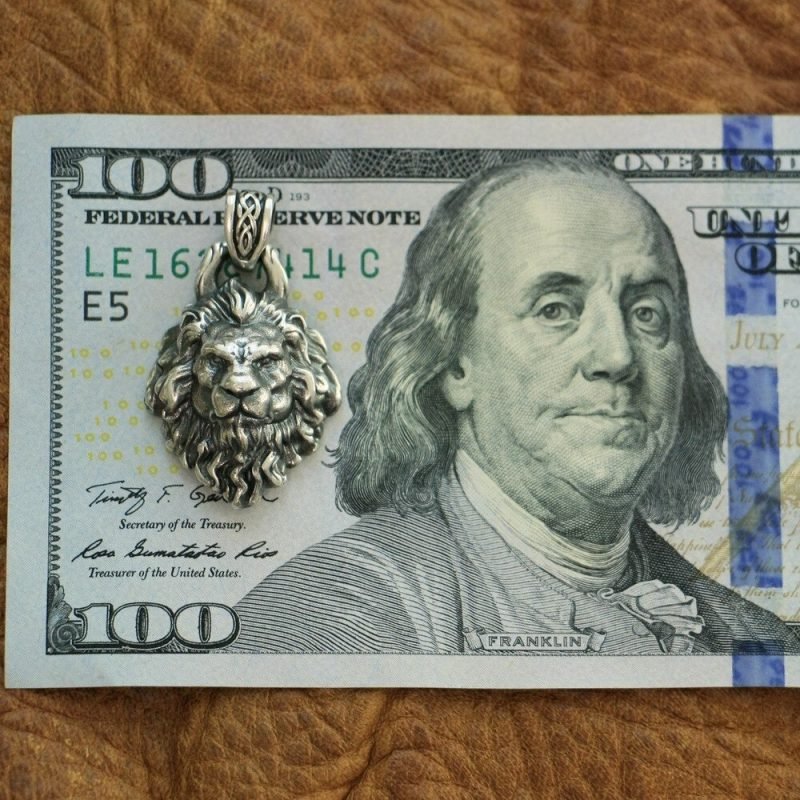 Silver Lion Head Pendant on a bank note
