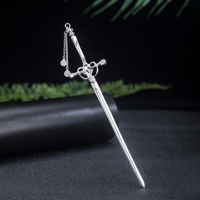 Silver Long Sword Hair Pins left side view