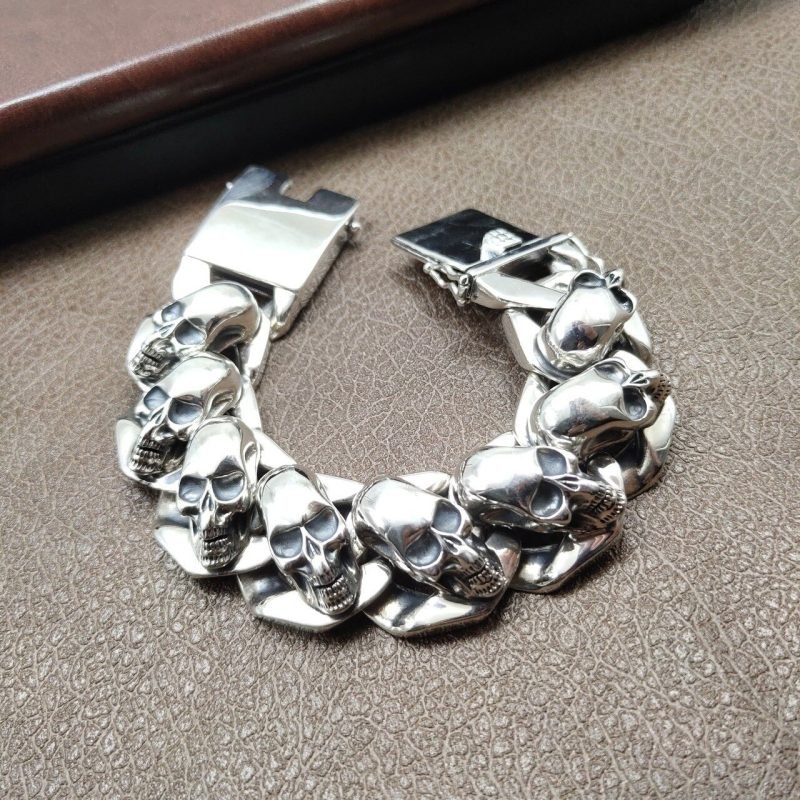 Silver Skull Bracelets For Men up view