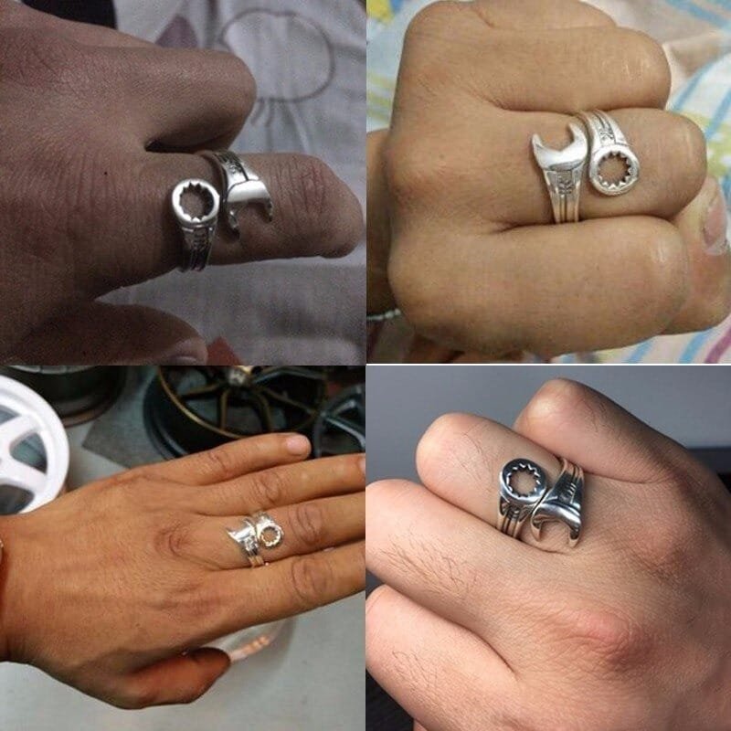 Silver Wrench Ring on finger