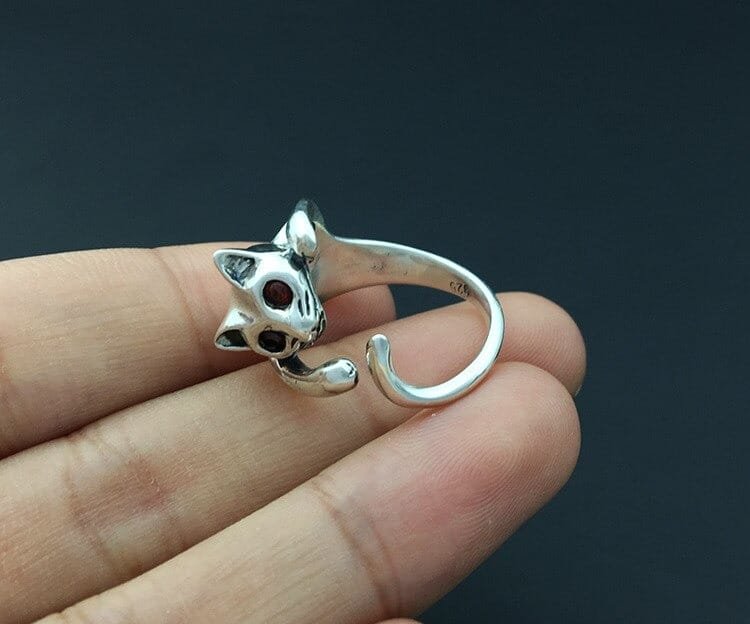 Sterling Silver Cat Ring in hand