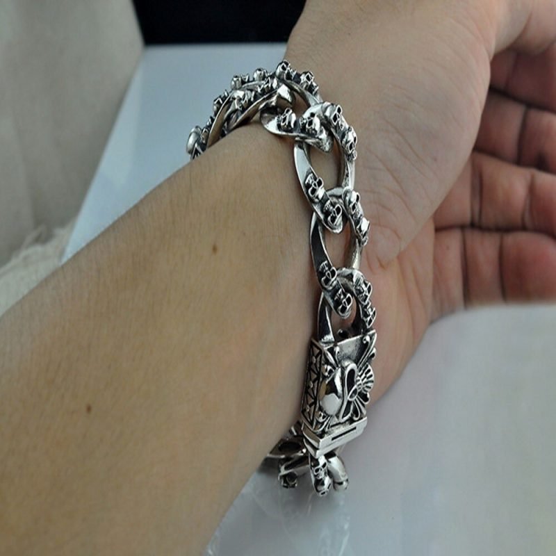 Thai Silver Skull Bracelet on wrist
