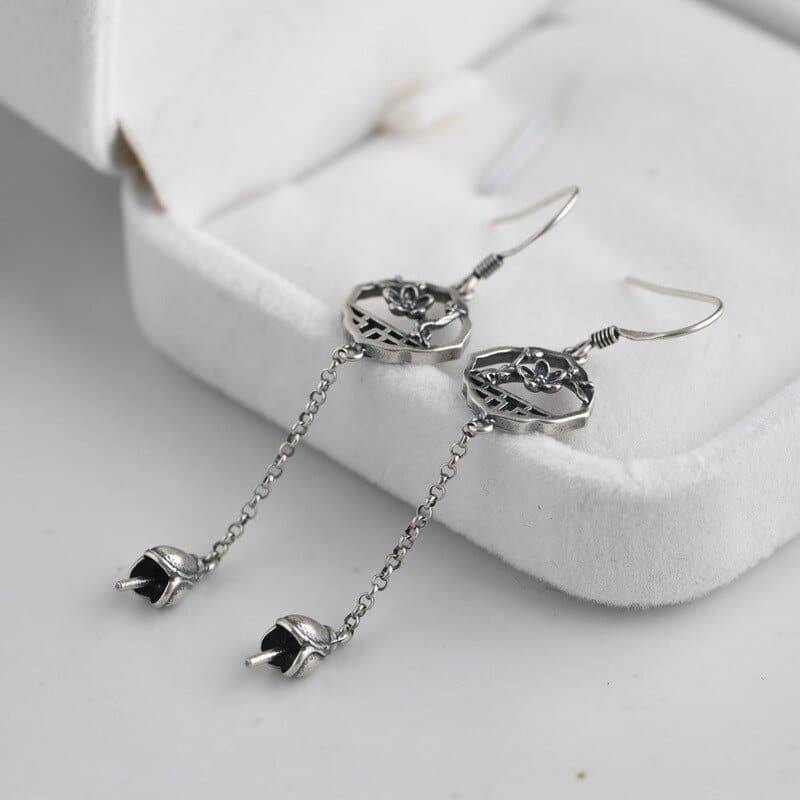 Sterling Silver Flower Drop Earrings chain and flower details