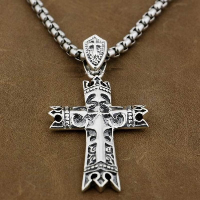 Templar Cross Pendant Silver face view with necklace