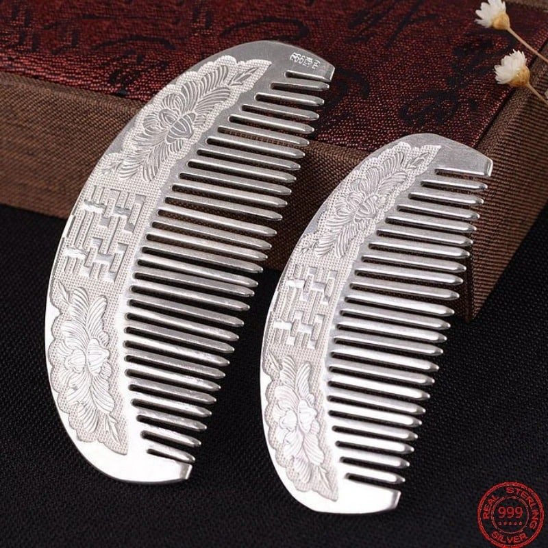 Hair Comb Silver Peony Pattern both sizes