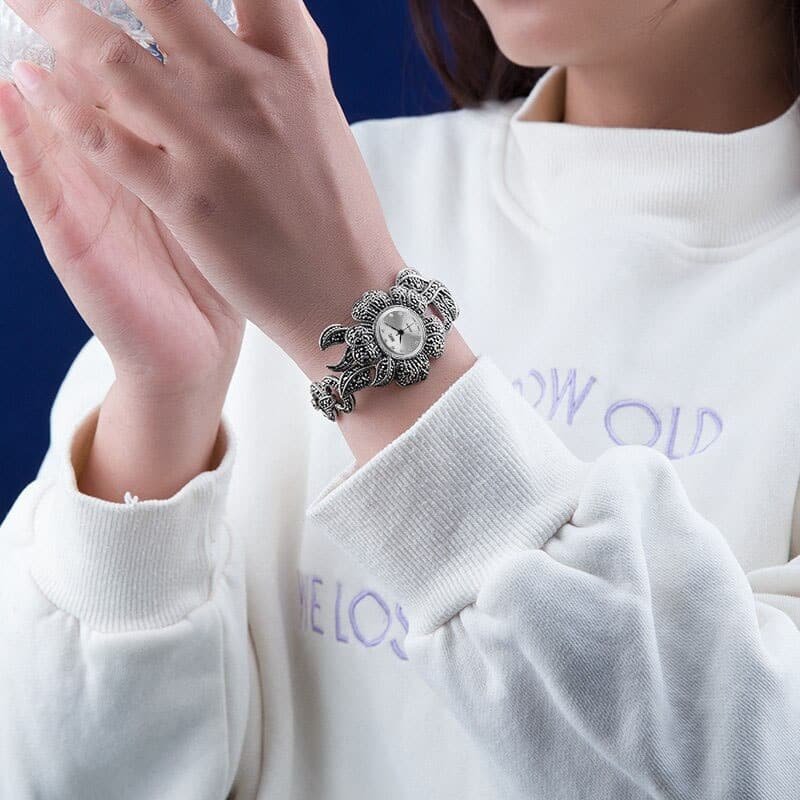 Rose Flower Silver Watch on wrist