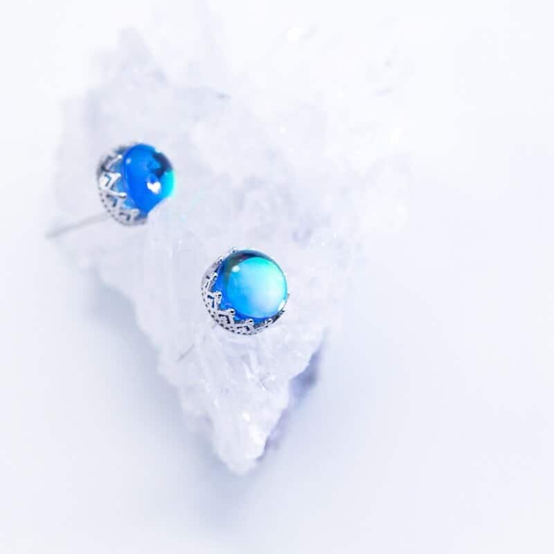 Blue Opal Stud Earrings Sterling Silver up view