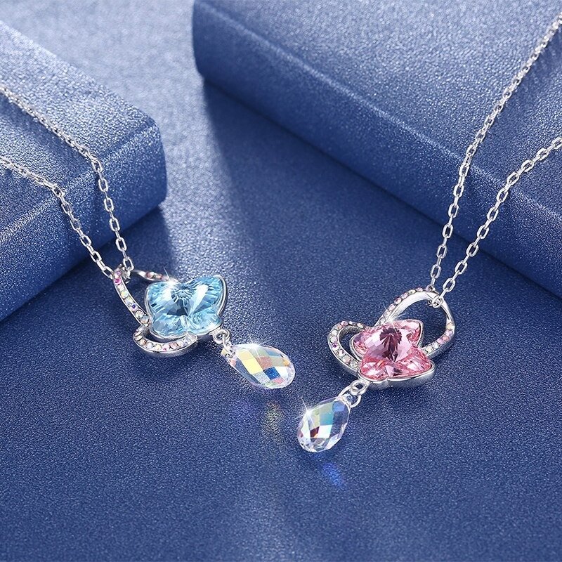 Butterfly Silver Heart Necklace both color together