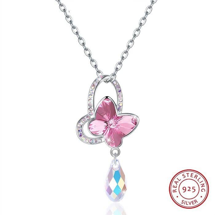 Butterfly Silver Heart Necklace pink