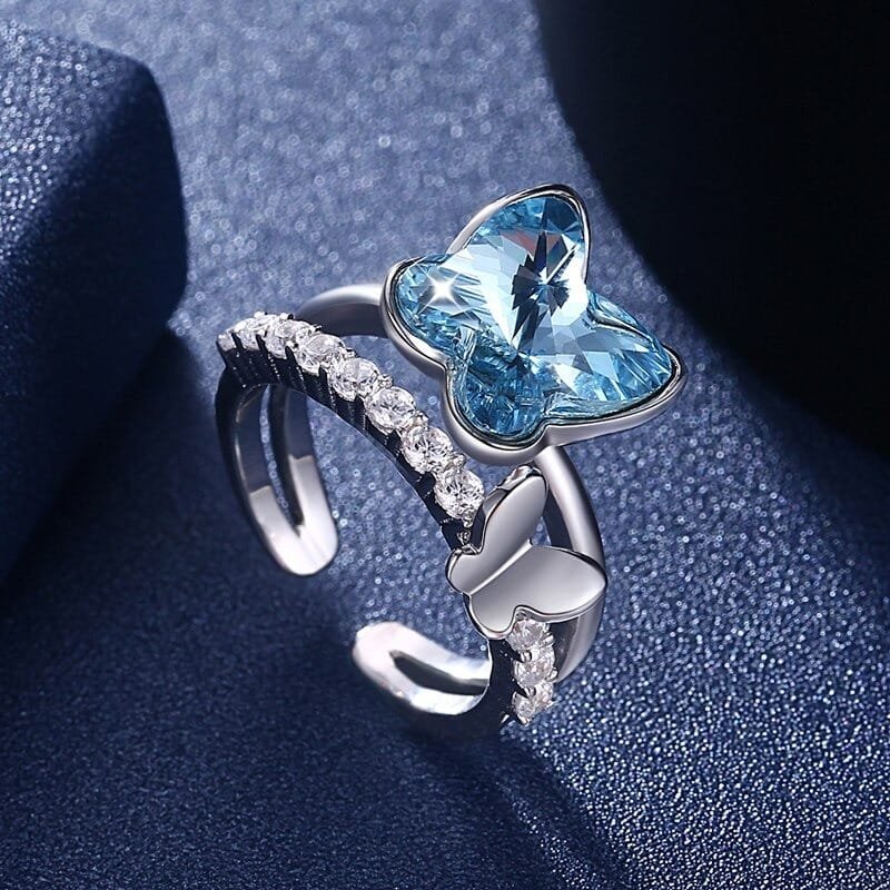 Crystal Butterfly Silver Ring face view