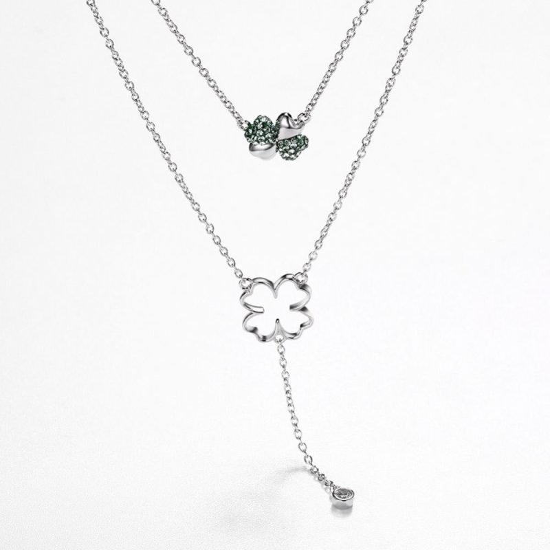 Crystal Clover Silver Necklace face view