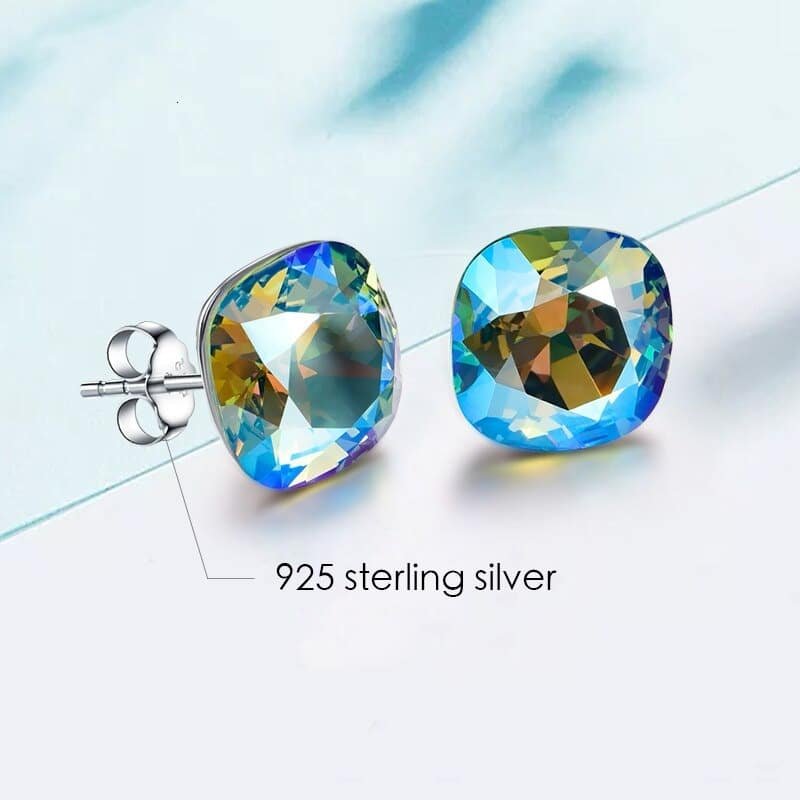 Crystal Stud Earrings Silver stamp details