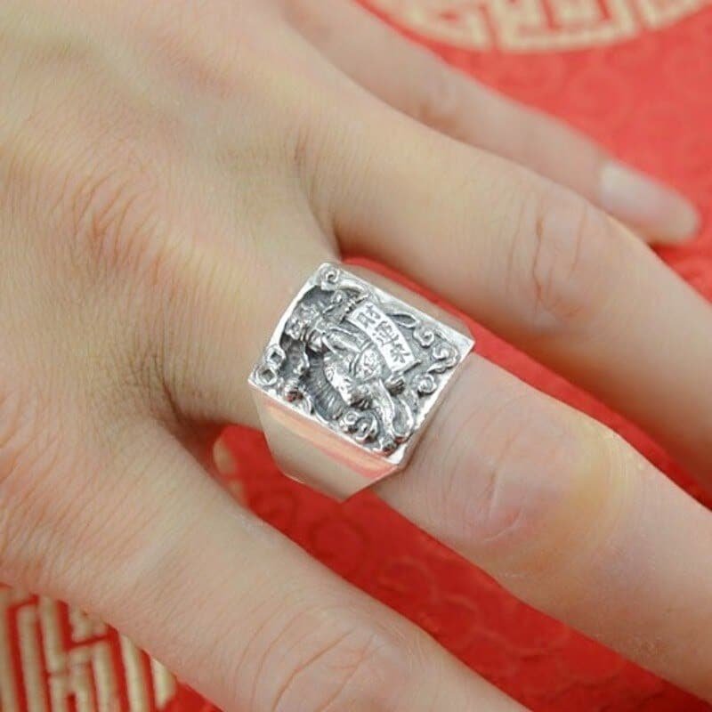 Guan Gong Silver Signet Ring on finger