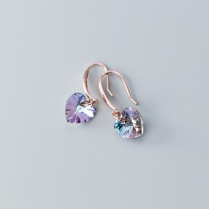 Heart Rainbow Crystal Silver Earrings up view