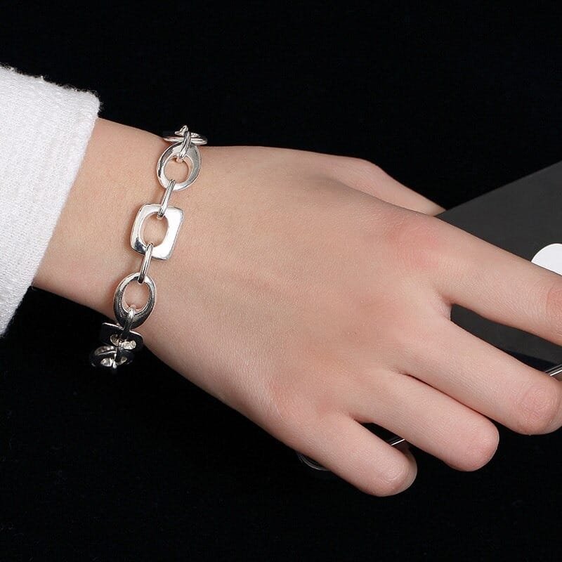 Large Chain Link Silver Bracelet around wrist