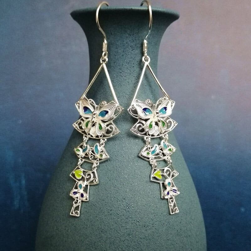 Real Silver Butterfly Earrings face view