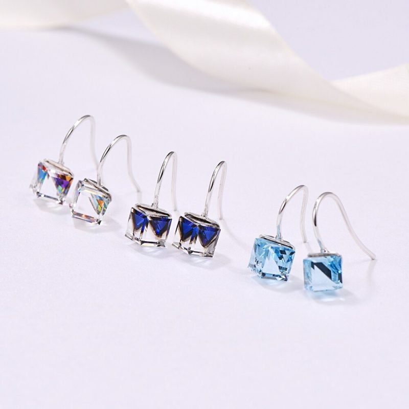 Silver Crystal Drop Earrings 3 colors shade of blue together