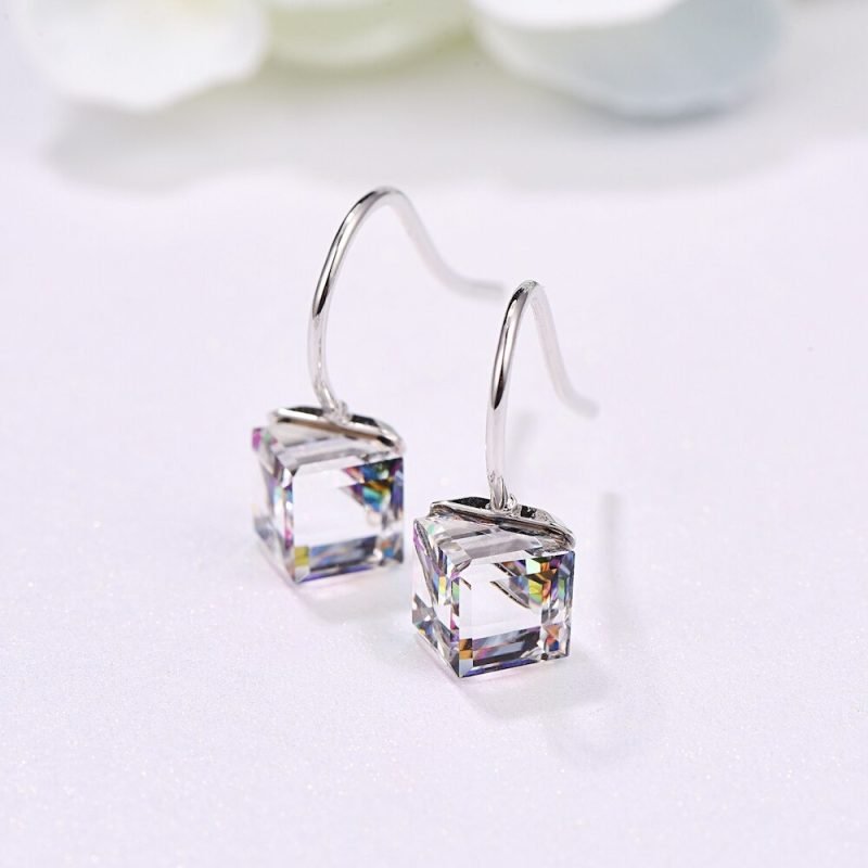Silver Crystal Drop Earrings face view