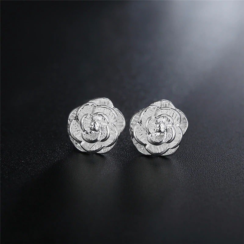 Silver Rose Flower Stud Earrings face view