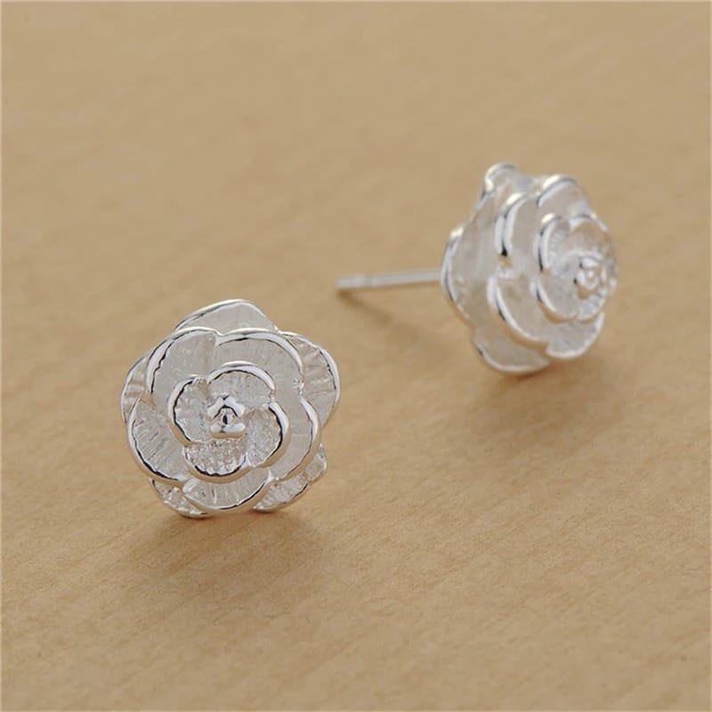 Silver Rose Flower Stud Earrings profile view