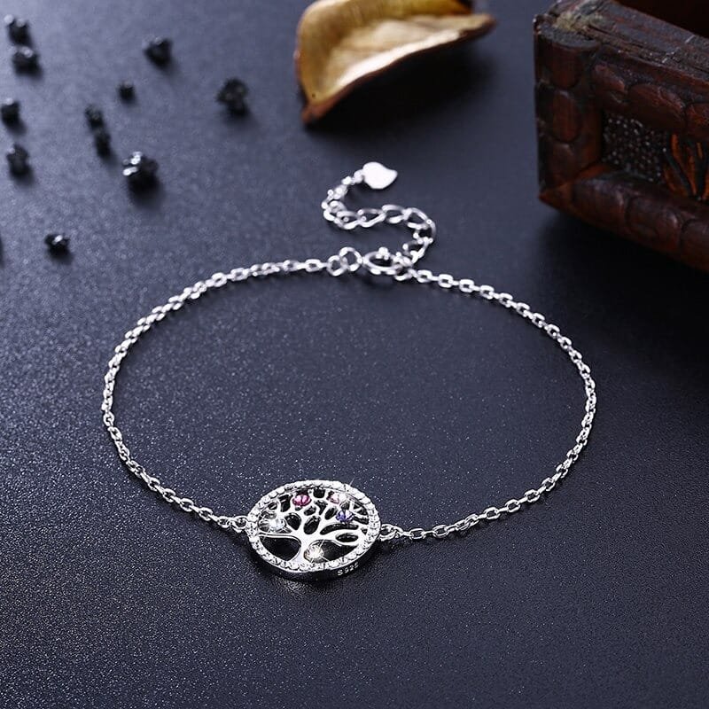 Silver Tree Of Life Bracelet With Crystals rhodium plated face view